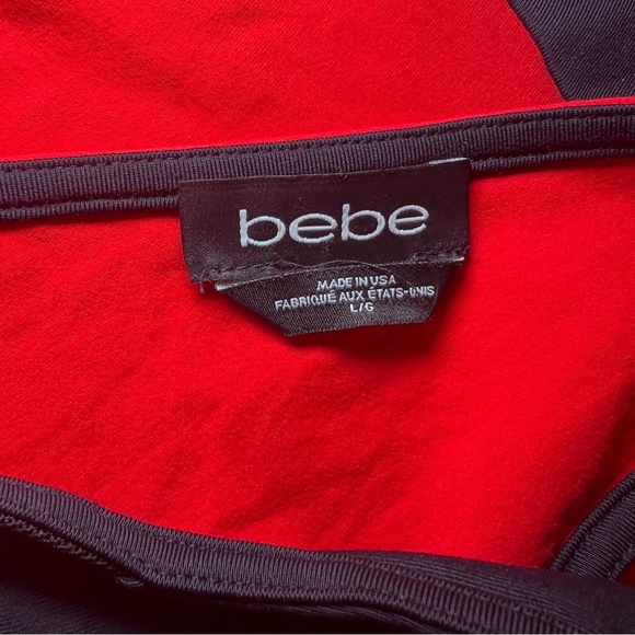 Bebe Red Black Peplum Top Mesh Front Women’s Size Large Business Casual - Picture 7 of 8